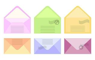 Set of postal envelopes in pastel colors. Open and closed envelopes. Illustration, icons, vector