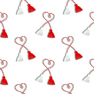 Seamless pattern, Martisor, red and white symbol of spring. Traditional spring holiday in Romania and Moldova. March 1. Background, vector