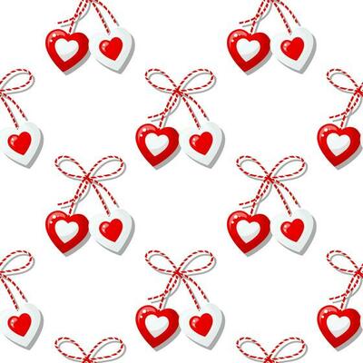 Seamless pattern, Martisor, red and white symbol of spring. Traditional spring holiday in Romania and Moldova. March 1. Background, vector