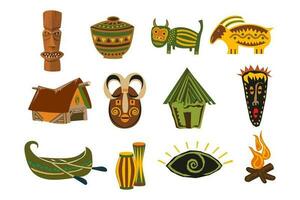 A set of  items of African tribes, totem, mystical masks, wigwam, canoe, fire, dishes. Retro icons, illustration, vector