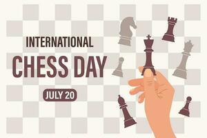 International Chess Day. July 20. The hand holds chess pieces. Festive banner, illustration, vector
