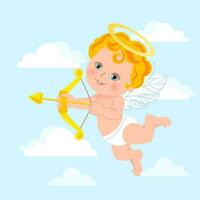 Cute cupid with bow and arrow, baby angel with a halo in the sky with clouds. Illustration, vector