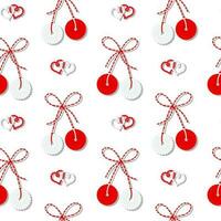 Seamless pattern, Martisor, red and white symbol of spring. Traditional spring holiday in Romania and Moldova. March 1. Background, vector