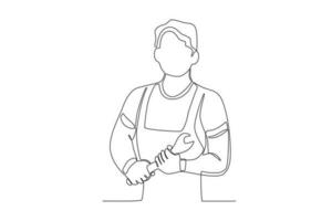 A man holding a wrench with both hands vector