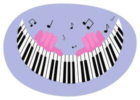 Hands and music. Piano playing. Keys, musical notation. Clip art. Vector illustration, background isolated.