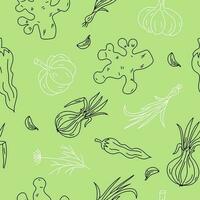 Vegetables pattern is seamless. Abstract Patterns of a set of vegetables. Onion, ginger, garlic, pepper and dill. Vector graphic.