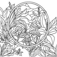 Colouring page with flowers and leaves and frame in stained glass technique vector