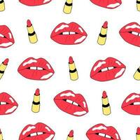 Seamless pattern with red lips and lipstick. Vector design