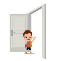 little kid standing and holding door knob vector