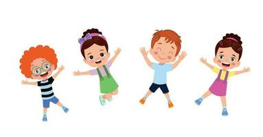 Jumping kids. Happy funny children playing and jumping in different action poses education little team vector characters. Illustration of kids and children fun and smile