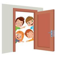 little kid standing and holding door knob vector