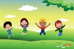 Jumping kids. Happy funny children playing and jumping in different action poses education little team vector characters. Illustration of kids and children fun and smile