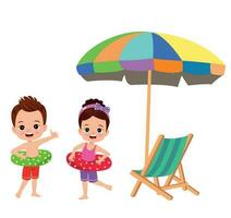 Kids at the beach with an umbrella and a foldable bed vector