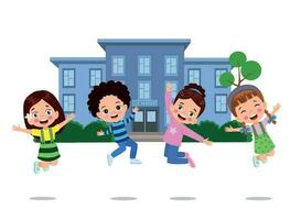 Jumping kids. Happy funny children playing and jumping in different action poses education little team vector characters. Illustration of kids and children fun and smile