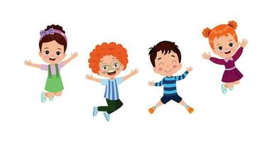 niños saltando. niños divertidos felices jugando y saltando en diferentes poses de acción educación pequeños personajes vectoriales de equipo. ilustración de niños y niños divertidos y sonrientes vector