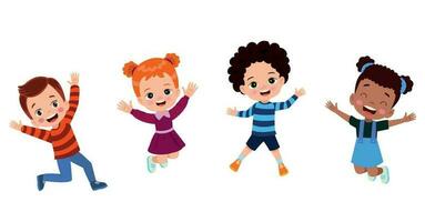 niños saltando. niños divertidos felices jugando y saltando en diferentes poses de acción educación pequeños personajes vectoriales de equipo. ilustración de niños y niños divertidos y sonrientes vector