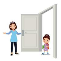 little kid standing and holding door knob vector