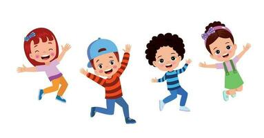 niños saltando. niños divertidos felices jugando y saltando en diferentes poses de acción educación pequeños personajes vectoriales de equipo. ilustración de niños y niños divertidos y sonrientes vector