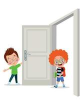 little kid standing and holding door knob vector