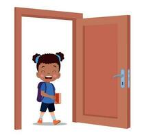 little kid standing and holding door knob vector