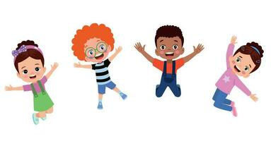 Jumping kids. Happy funny children playing and jumping in different action poses education little team vector characters. Illustration of kids and children fun and smile