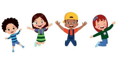 Jumping kids. Happy funny children playing and jumping in different action poses education little team vector characters. Illustration of kids and children fun and smile