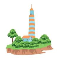 The image of the lighthouse on the mountain. Vector illustration.