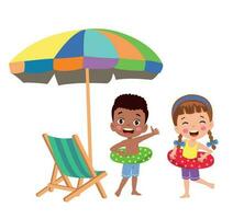 Kids at the beach with an umbrella and a foldable bed vector