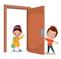 little kid standing and holding door knob vector