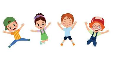 Jumping kids. Happy funny children playing and jumping in different action poses education little team vector characters. Illustration of kids and children fun and smile