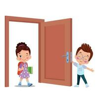 little kid standing and holding door knob vector