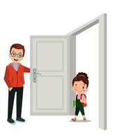 little kid standing and holding door knob vector