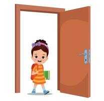 little kid standing and holding door knob vector