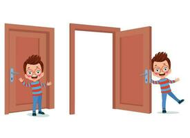 little kid standing and holding door knob vector