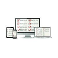 en línea encuesta, Lista de Verificación colocar. tableta, computadora, móvil blanco pantalla. realimentación negocio concepto. plano vector ilustración para web sitio, móvil aplicación