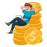 Man sit and chilling on golden coins stack and use laptop. man in resting in pile of coins. Vector illustration