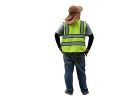 espalda ver de construcción trabajador en la seguridad chaqueta ,seguridad reflexivo chaleco foto