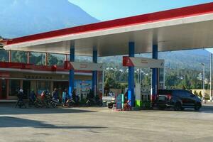 Wonosobo, Indonesia - April 5, 2023 - Pertamina gas station. which provides biodiesel fuel, Pertamax, Pertalite and Dexlite. SPBU Kejajar photo