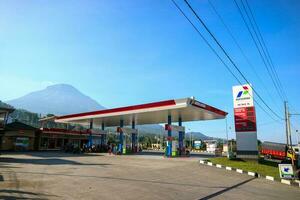 Wonosobo, Indonesia - April 5, 2023 - Pertamina gas station. which provides biodiesel fuel, Pertamax, Pertalite and Dexlite. SPBU Kejajar photo