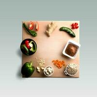 An unique concept of vegetables on wooden rounded table isolated on grey. photo