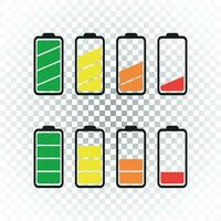 Battery icon vector set on isolated background. Symbols of battery charge level, full and low. The degree of battery power flat vector illustration.