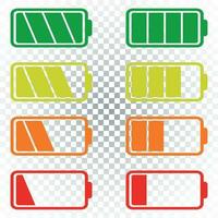 Battery icon vector set on isolated background. Symbols of battery charge level, full and low. The degree of battery power flat vector illustration.