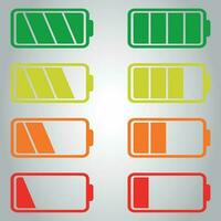 Battery icon vector set isolated on gray background. Symbols of battery charge level, full and low. The degree of battery power flat vector illustration.