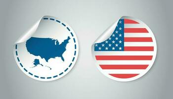 Usa sticker with flag and map. America label, round tag with country. Vector illustration on gray background.