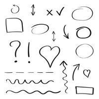 Hand drawn arrows and circles icon set. Collection of pencil sketch symbols. Vector illustration on white background.