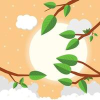 Cartoon sunset with clouds. Flat vector illustration, trees, leaf and sun.