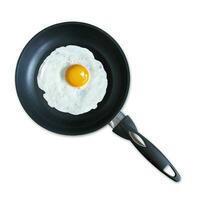 Fried egg on small pan isolated on white background. photo