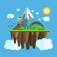 Floating island with mountain, hill, tree and birds. Summer time holiday voyage concept. Illustration in flat style. Travel background. vector