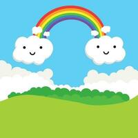 Landscape with rainbow and funny clouds. Vector illustration