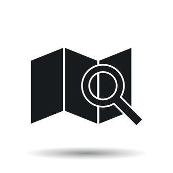 ubicación con lupa icono. plano vector ilustración. ubicación firmar símbolo con sombra en blanco antecedentes.